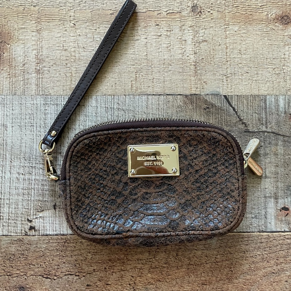 Michael Kors Snakeskin Wristlet Black and Brown with Gold Logo Plaque and double